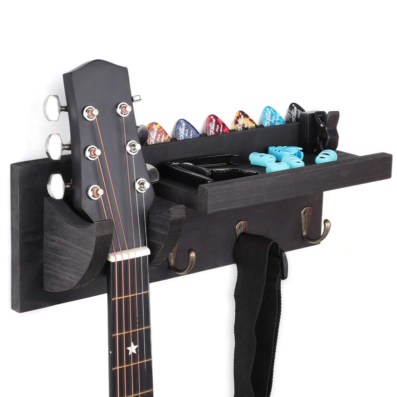 Bikoney Guitar Wall Hanger Guitar Holder Wall Mount Bracket Hanger Guitar Wood Hanging with Pick Holder and 3 Hooks Vintage Black, [U.S. Patent] - Image 1